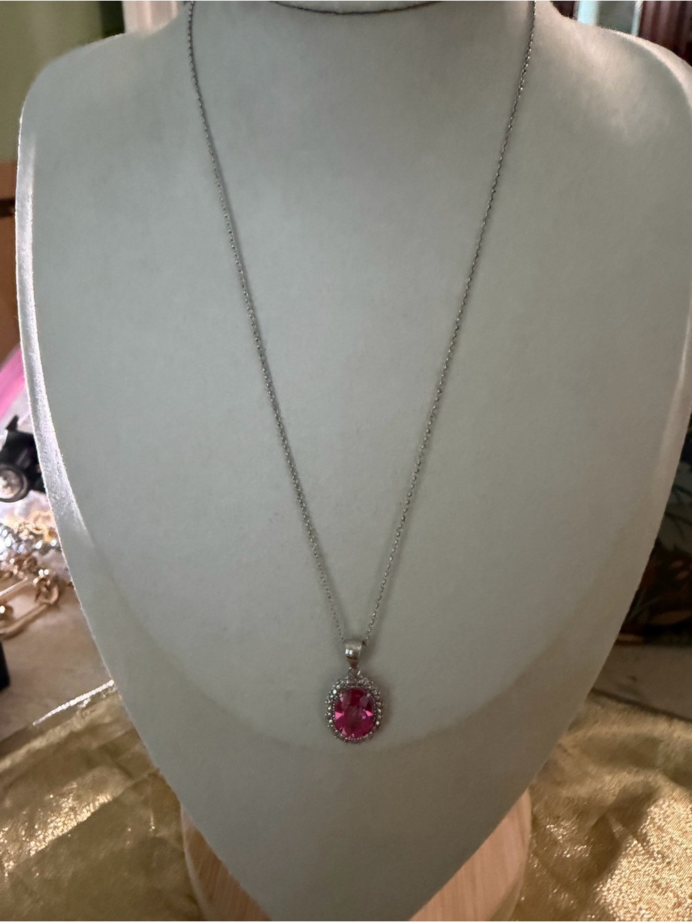 Silver Necklace with Pink Oval Pendant